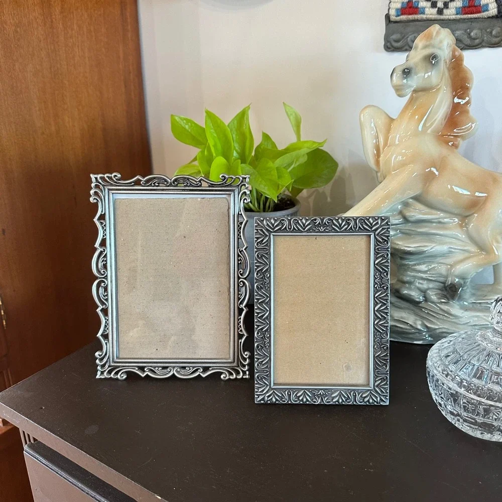 Vtg Silver Metal Picture Frame Set 2 Ornate Cottagecore Victorian 4x6 Tabletop
